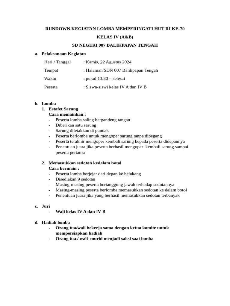 Rundown Kegiatan Lomba Kelas Iv 2024 Pdf