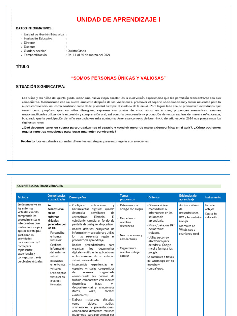 Unidad de Aprendizaje 01 5º | PDF | Aprendizaje | Crecimiento personal ...