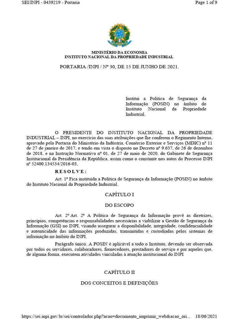 Portaria Inpi PR No 30 de 15 de Junho de 2021 | PDF
