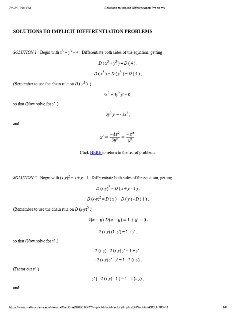 Implicit Differentiation Solutions Guide | PDF | Tangent | Slope