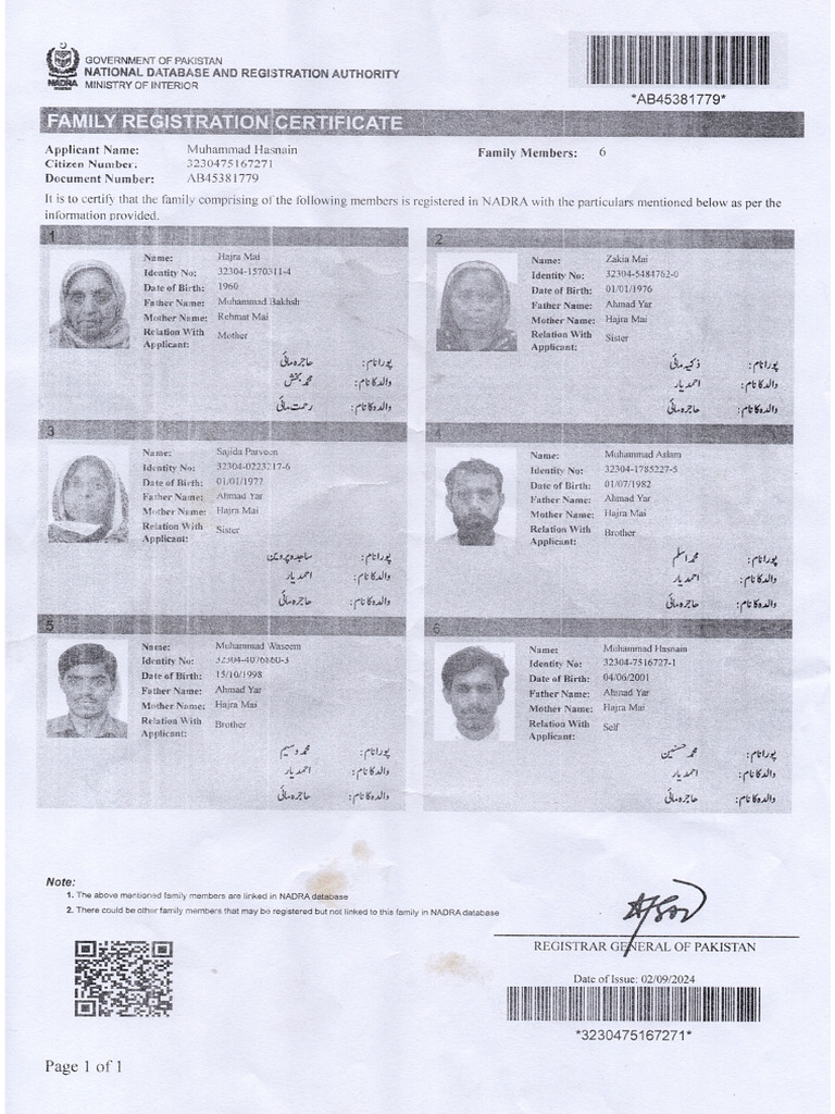 Family Registration Certificate | PDF
