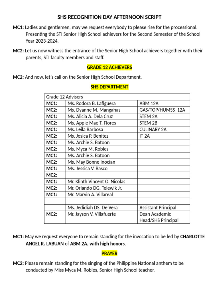 Shs Recognition Day Script | PDF