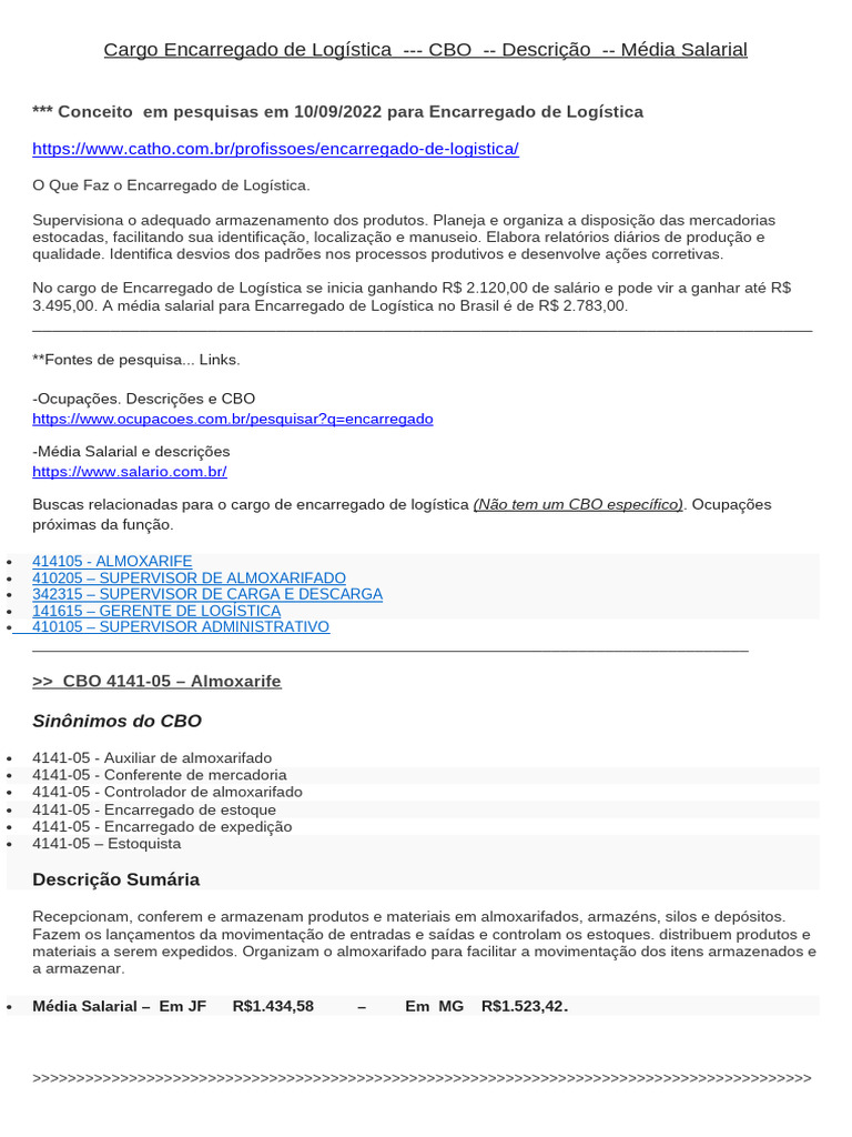 Encarregado de Logística CBO Descrição Cargo | PDF