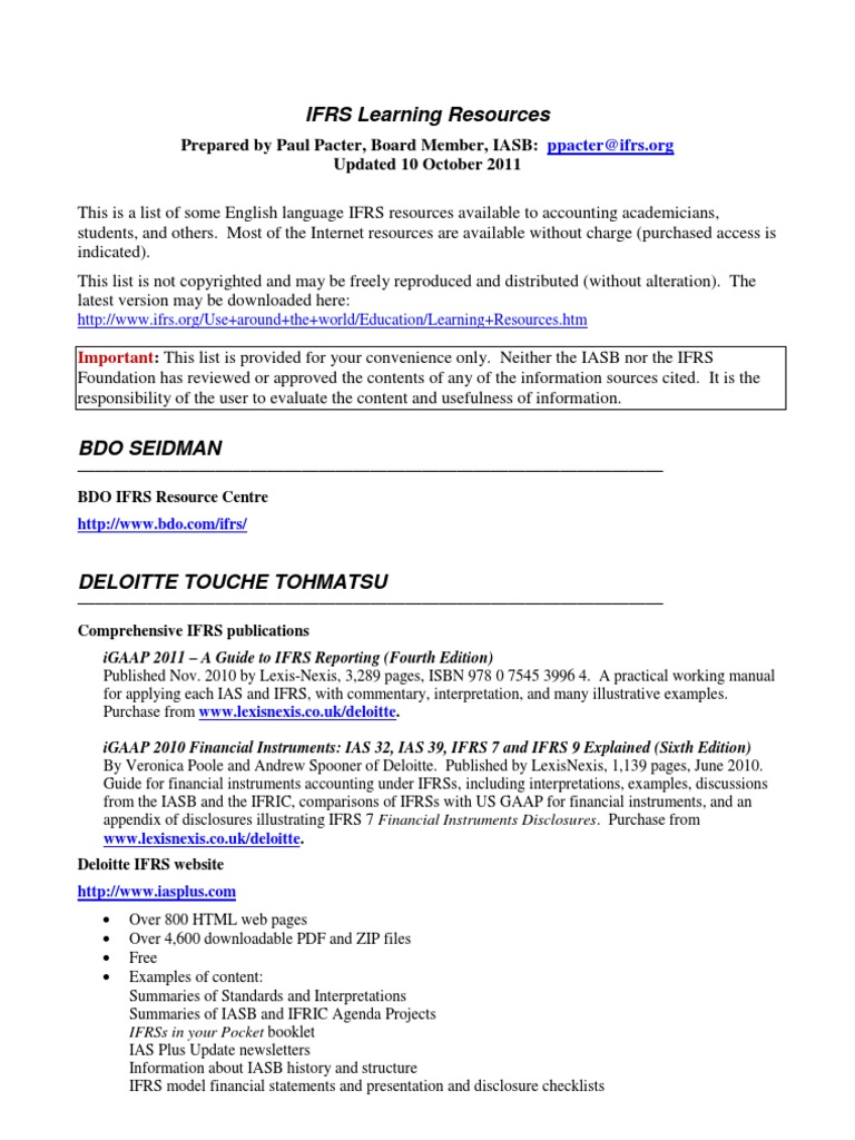 IFRS Learning Resources: Prepared by Paul Pacter, Board Member, IASB ...