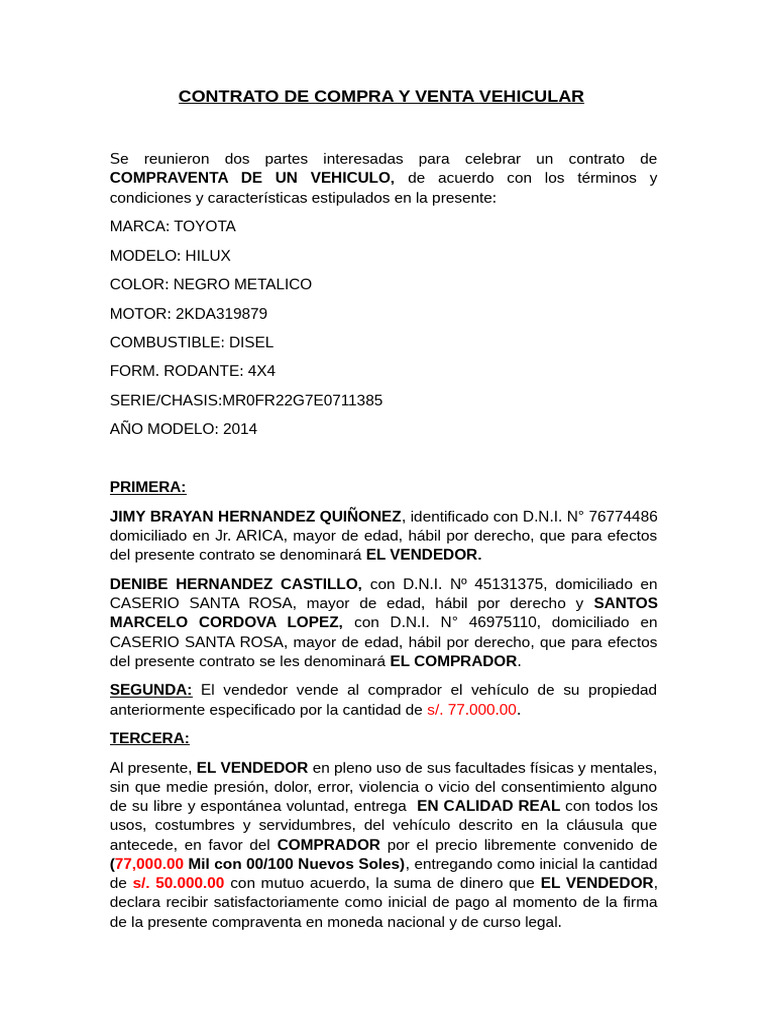 Contrato Compra y Venta Vehiculo | PDF | Derecho