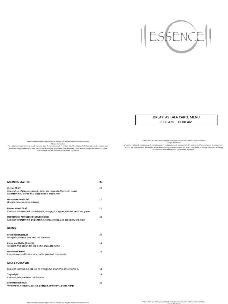 Essence all day dining menu 2023 pdf