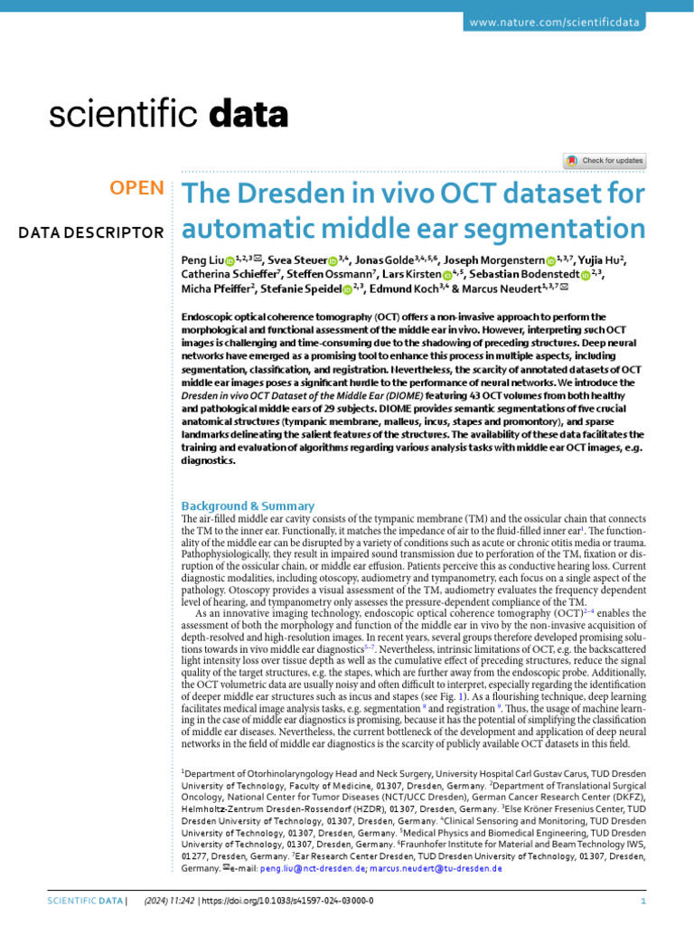 The Dresden in Vivo Oct Dataset For Automatic Middle Ear Segmentation | PDF