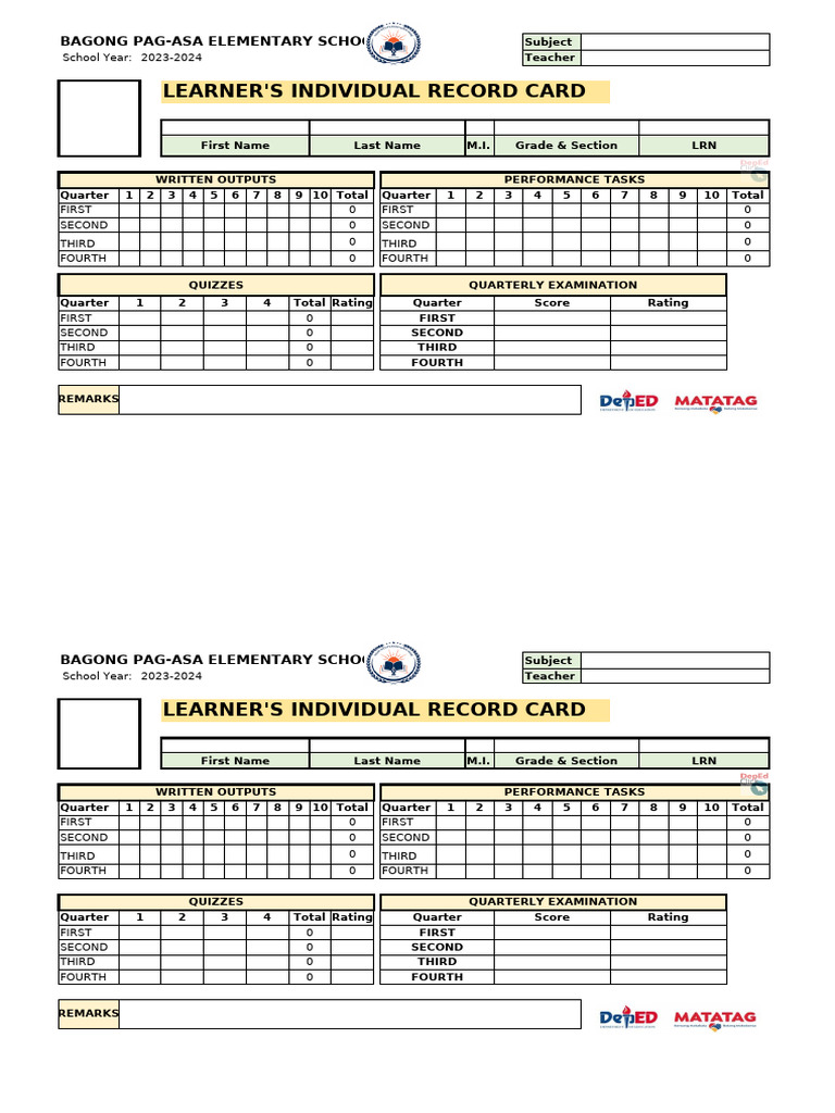 Learner's Individual Record Card (Excel) | PDF