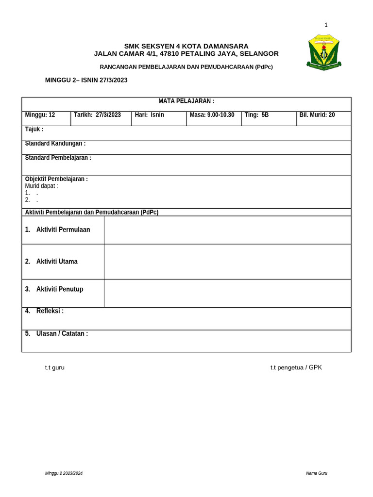 CONTOH TEMPLAT RPH 2023 terkini PDF