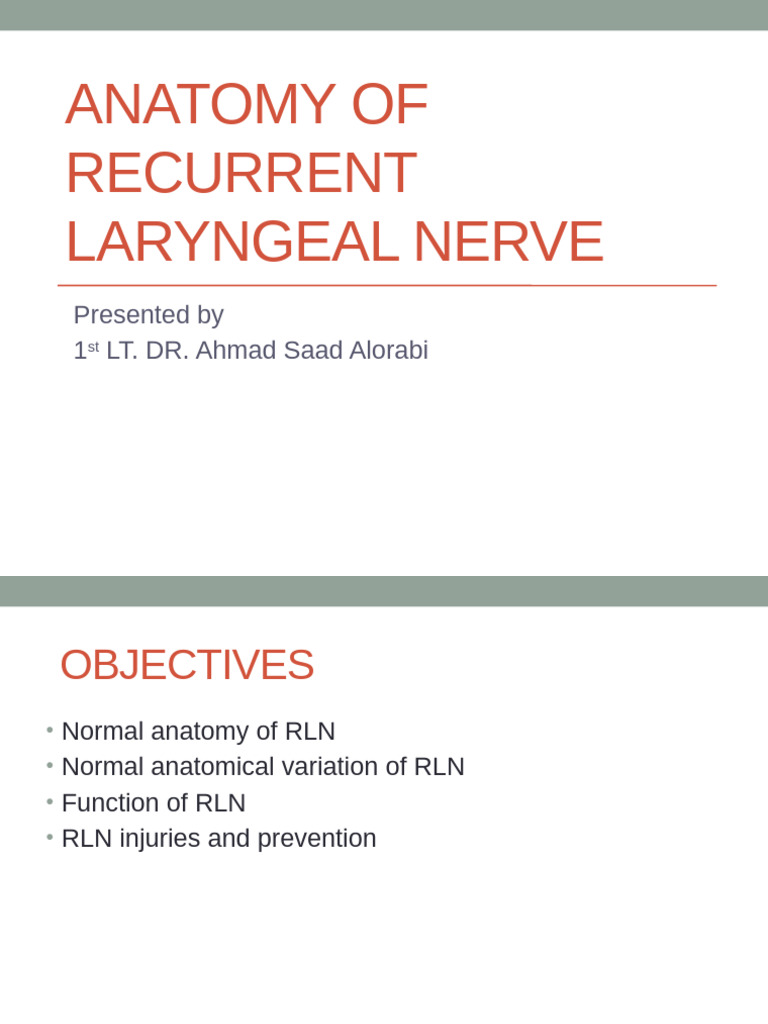 Anatomy of Recurrent Laryngeal Nerve: Presented by 1 LT. DR. Ahmad Saad ...