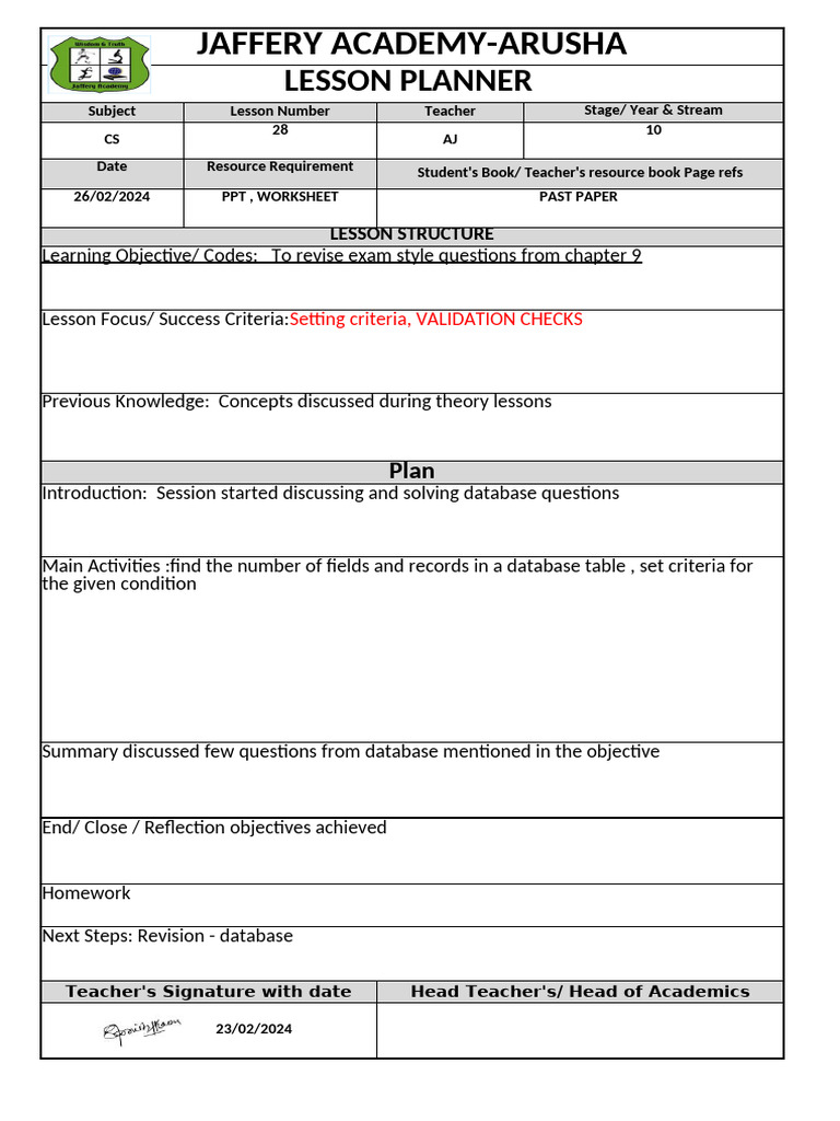 YEAR 10 Lesson Plan February 2024 | PDF