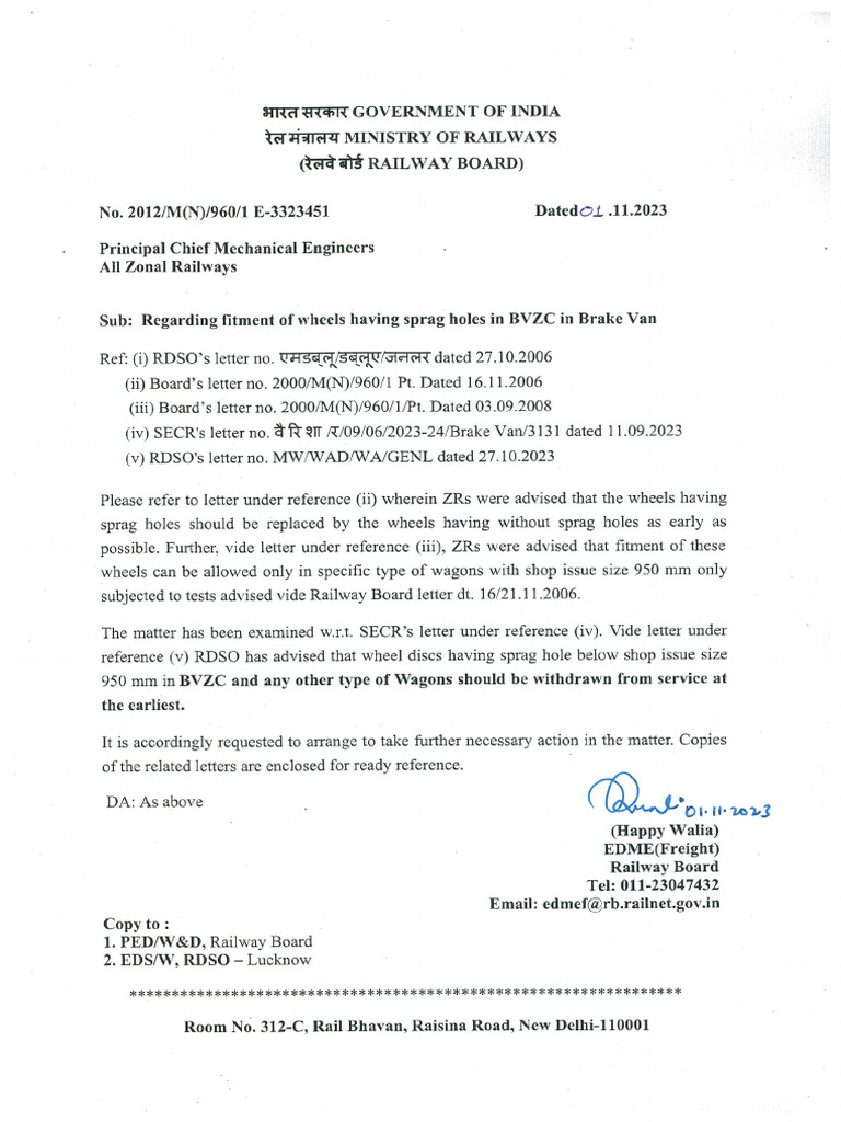 LTR of RB 01.11.2023 Regarding Fitment of Wheels Having Sprag Holes in ...
