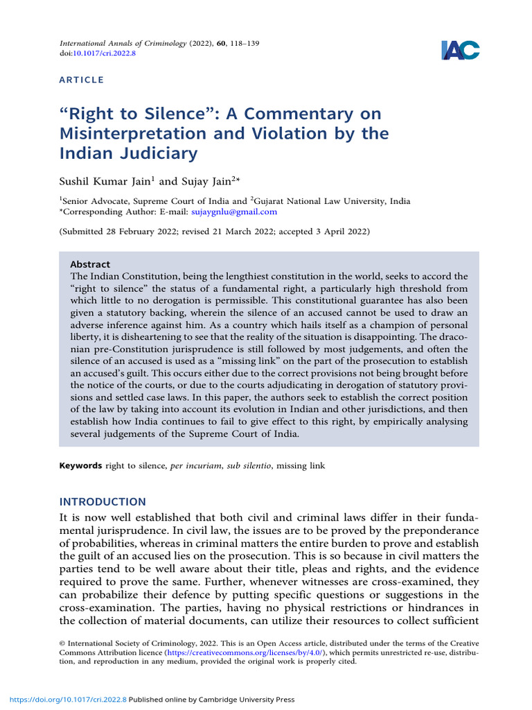 Right To Silence A Commentary On Misinterpretation and Violation by The ...