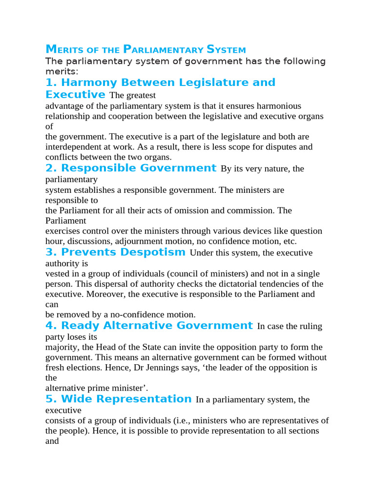 Merits of The Parliamentary System | PDF