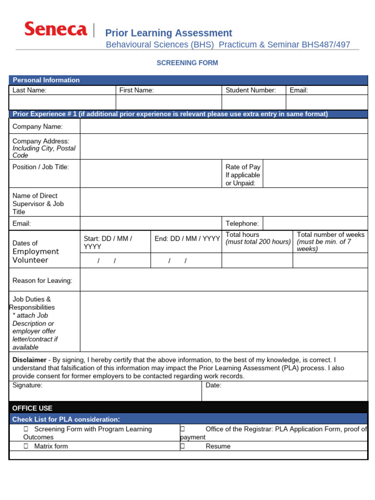 PLA Screening Form - BHS 487 and BHS 497 FINAL | PDF