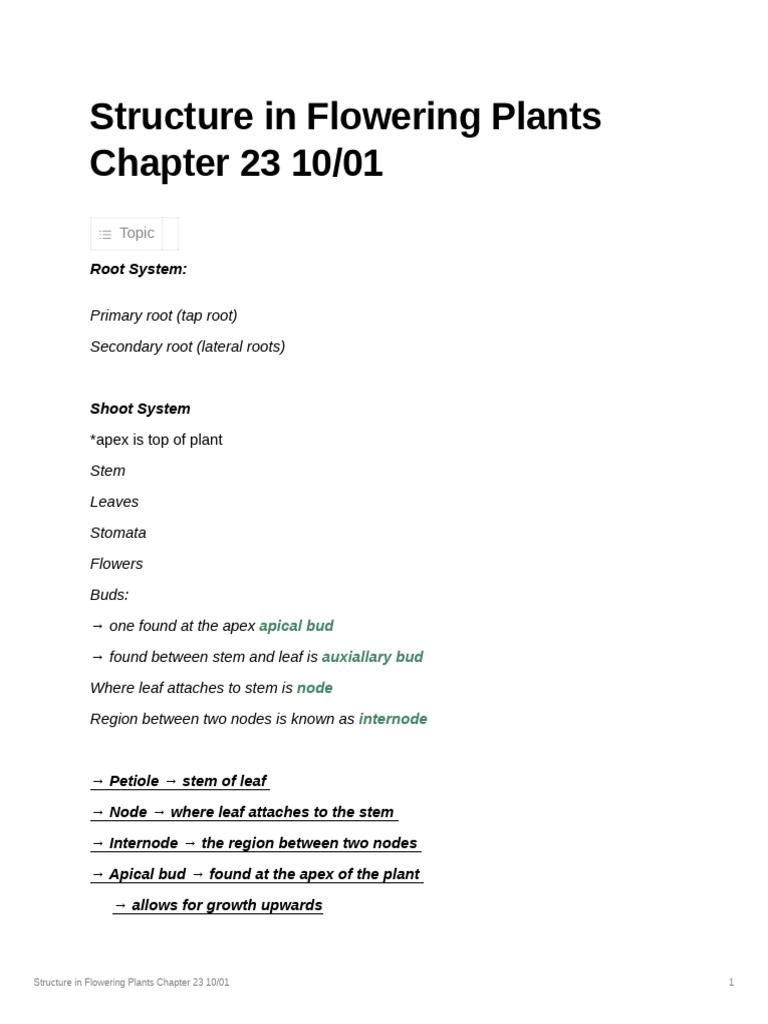 Structure In Flowering Plants Notes Biology Pdf
