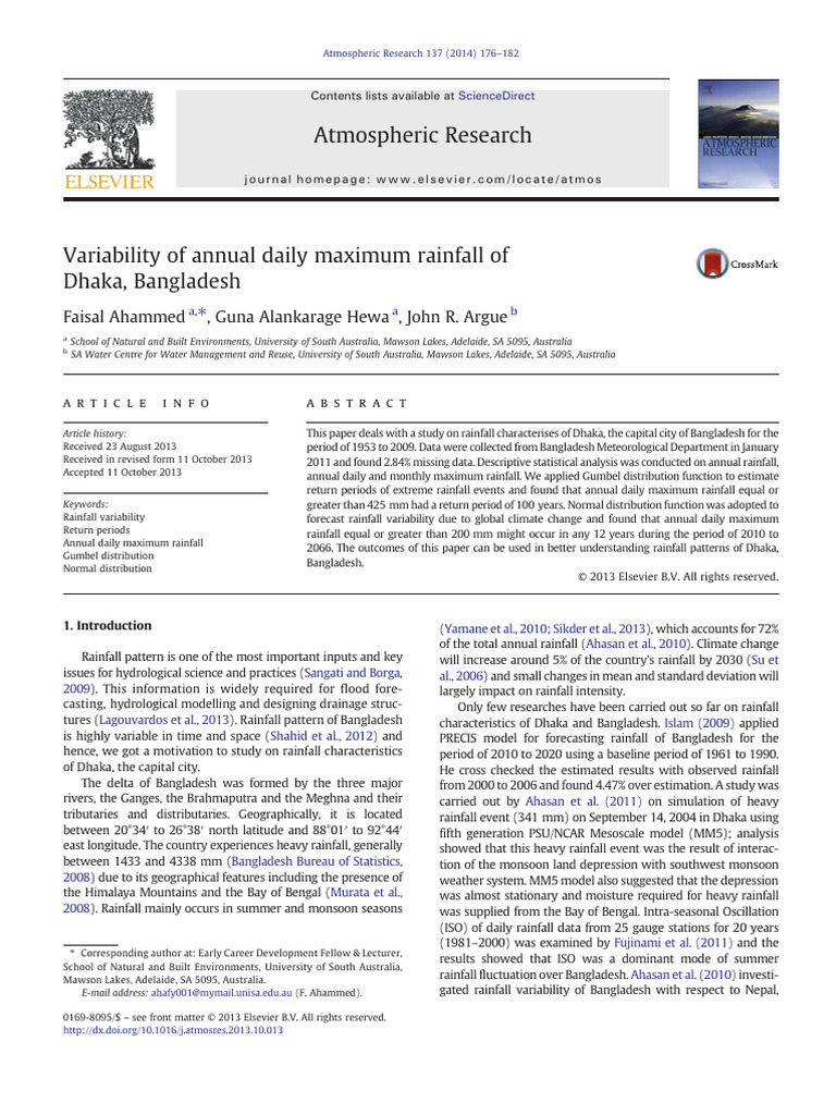 Variability of Maximum Annual Rainfall in Dhaka Bangladesh | PDF