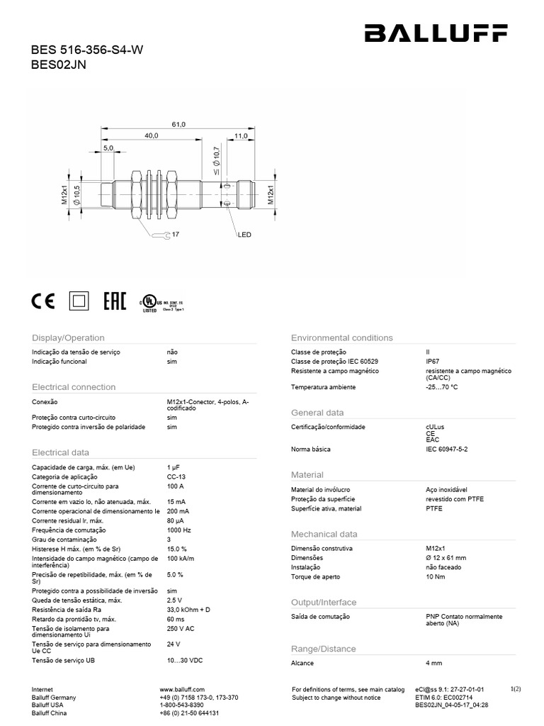 Balluff Sensor Indutivo Bes 516 356 s4 W | PDF
