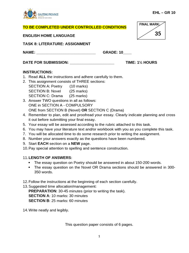 GR 10 SBA - TASK 8 Literature Assignment - Learner's Task QP - August ...