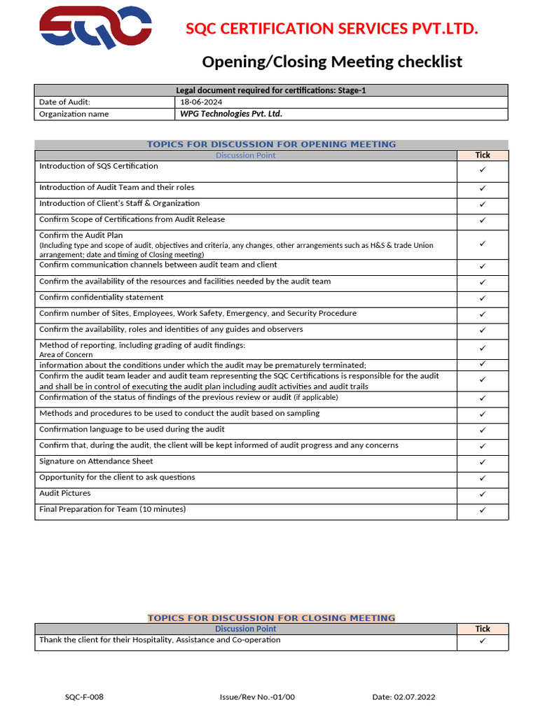 SQC-F-008 - Opening-Closing Meeting Checklist - Stage-1 | PDF