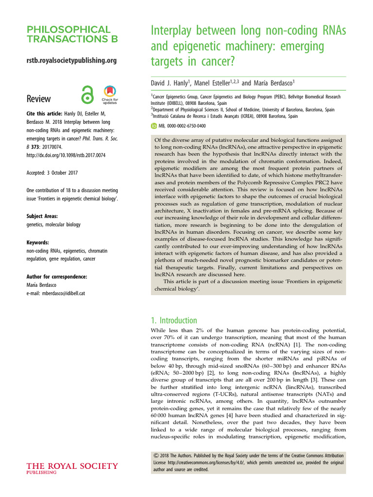 2 - Interplay Between Long Non-Coding RNAs and Epigenetic Machinery ...