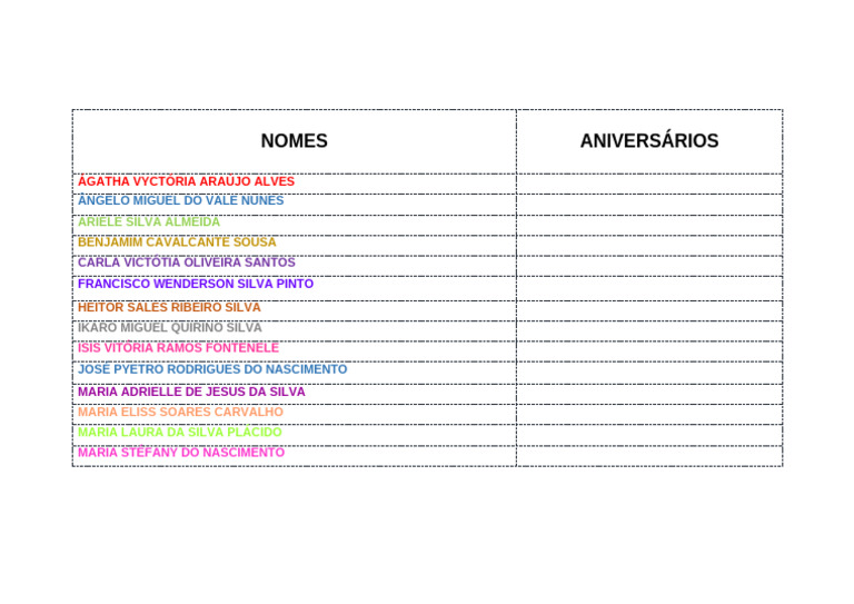Tabela Nomes Coloridos Pdf