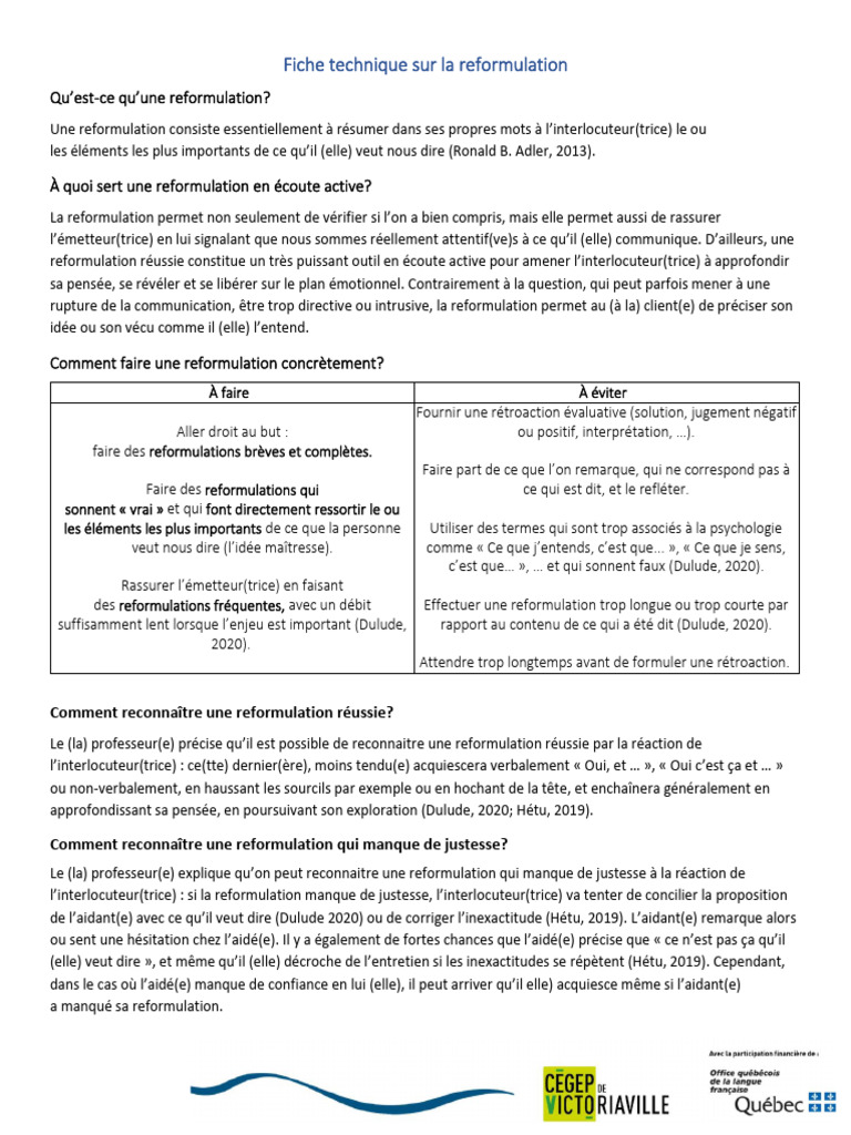 Techniques de Reformulation en Communication | PDF | la communication ...
