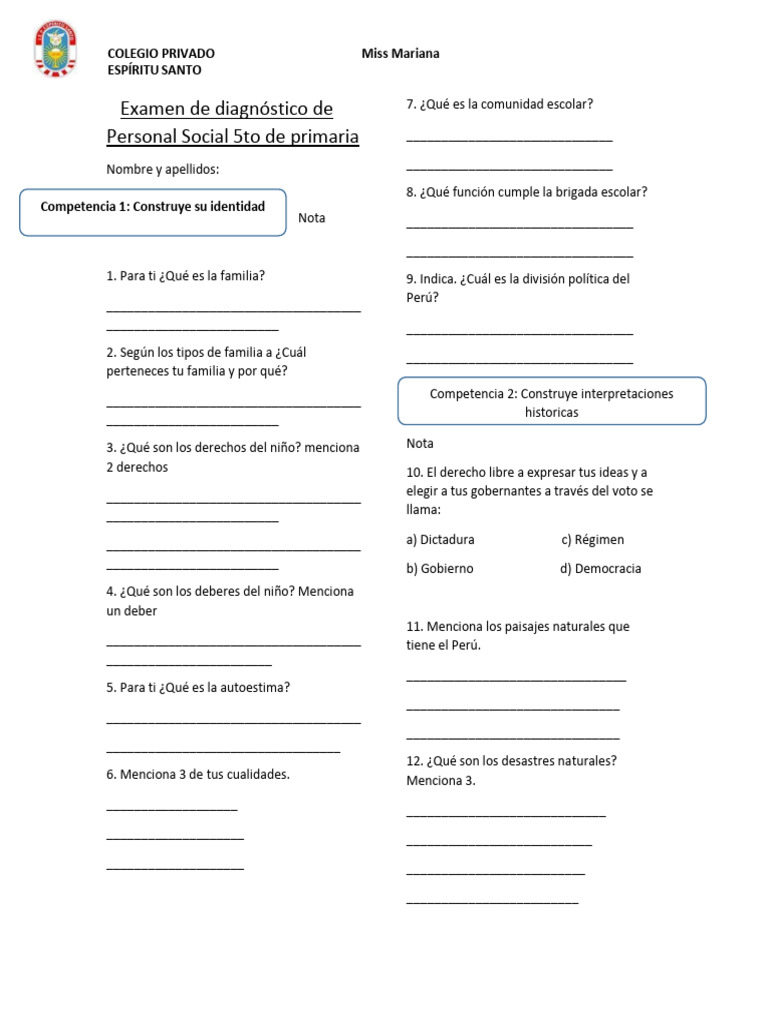 Examen de Diagnóstico de Personal Social 5to de Primaria | PDF
