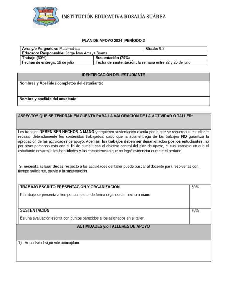 Plan de Apyo Matemáticas 9° Periodo 2 | PDF