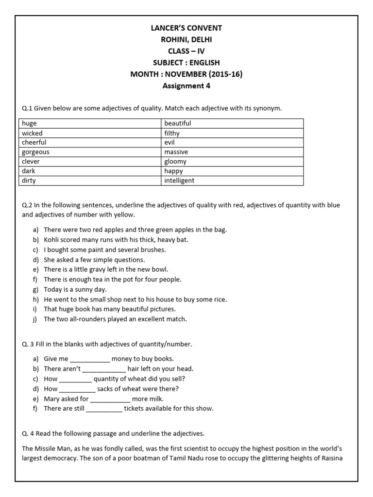 Class 4 English Assignment October | PDF