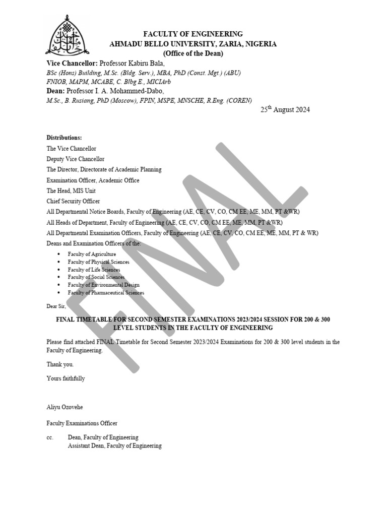 ENGINEERING 2nd Semester 20232024 Final Examination Timetable | PDF ...
