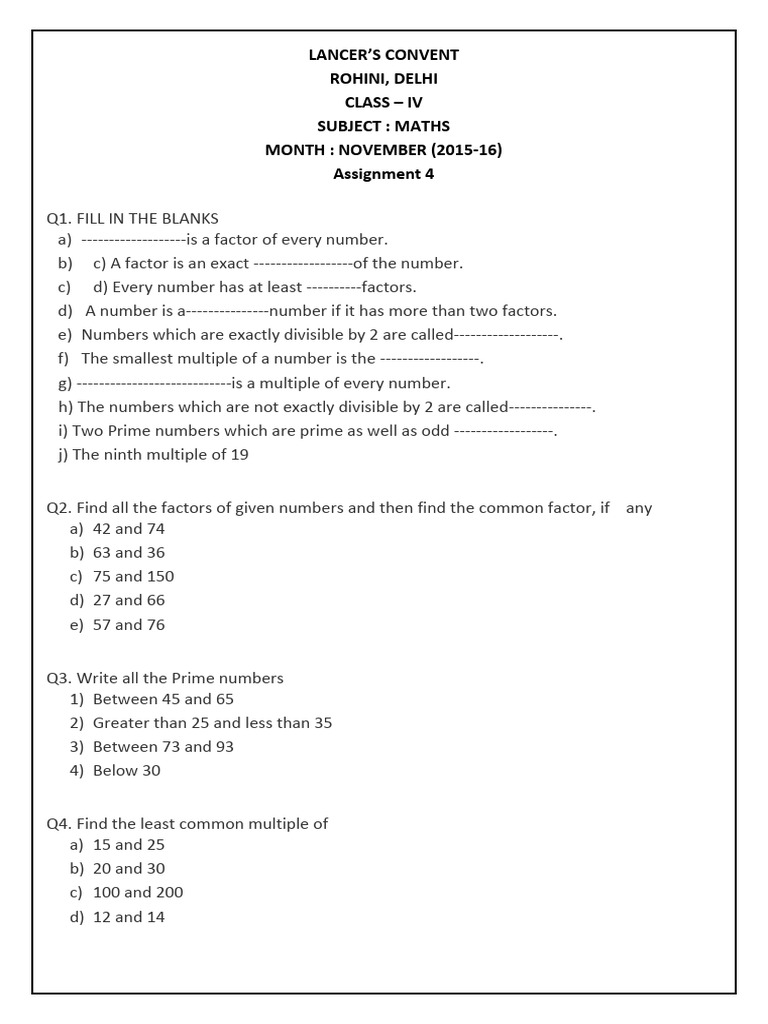 Class 4 Maths Assignment October | PDF