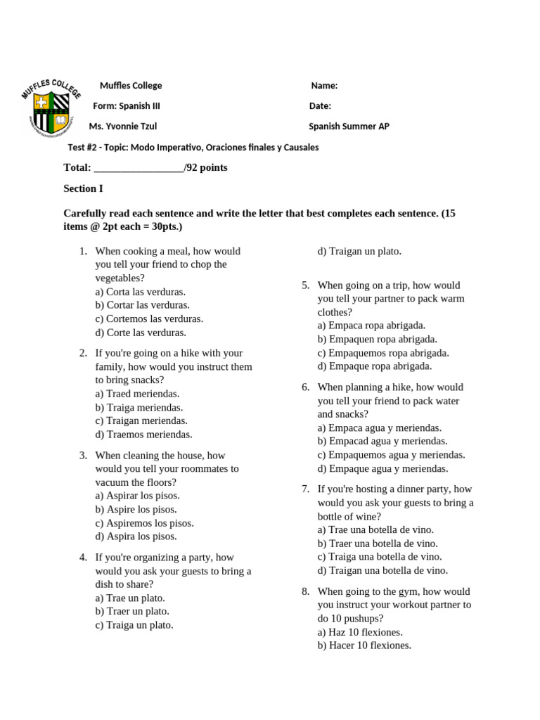 #3 Spanish AP Test #2 #RD Form | PDF