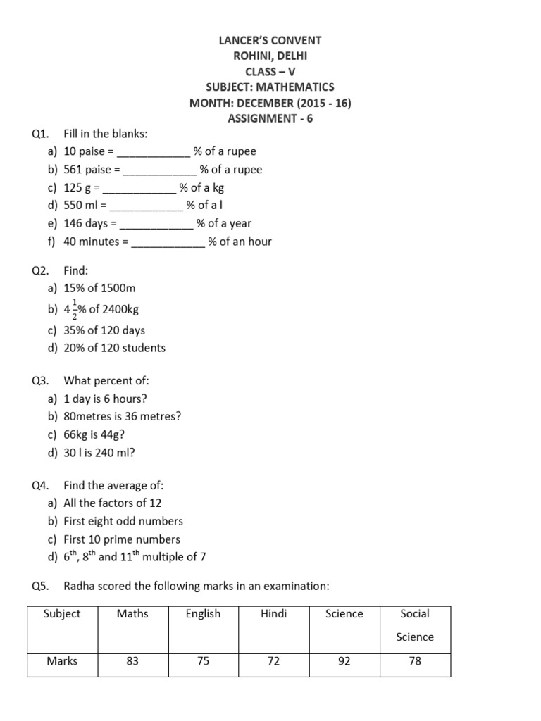Class 5 Maths Assign December | PDF
