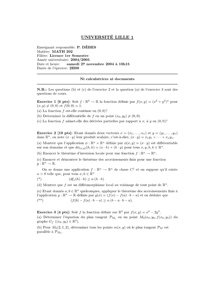 Universit E Lille 1: P. D ' Ebes MATH 202 Licence 1er Semestre 2004/ ...