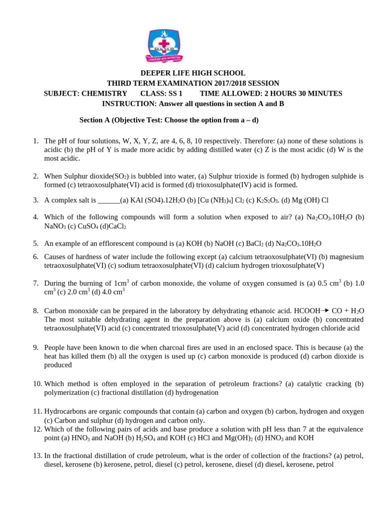SS1 Chemistry Third Term Exam 2018 | PDF | Acid | Chemical Compounds