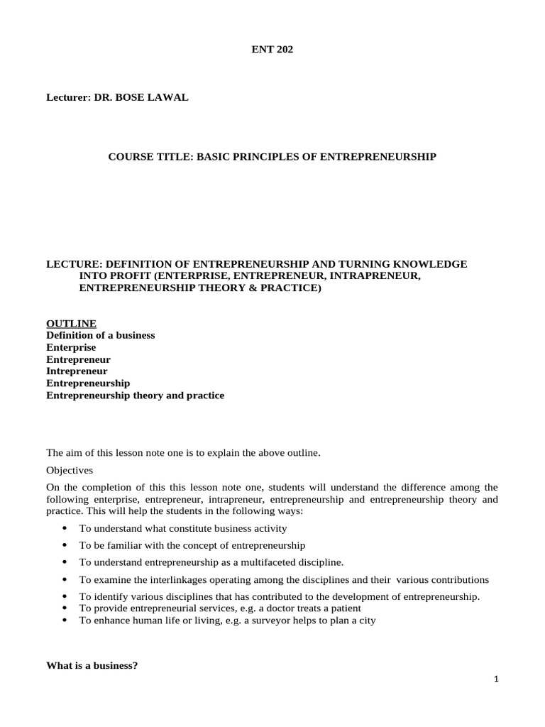 ENT 202 Lesson Note 1-1 | PDF