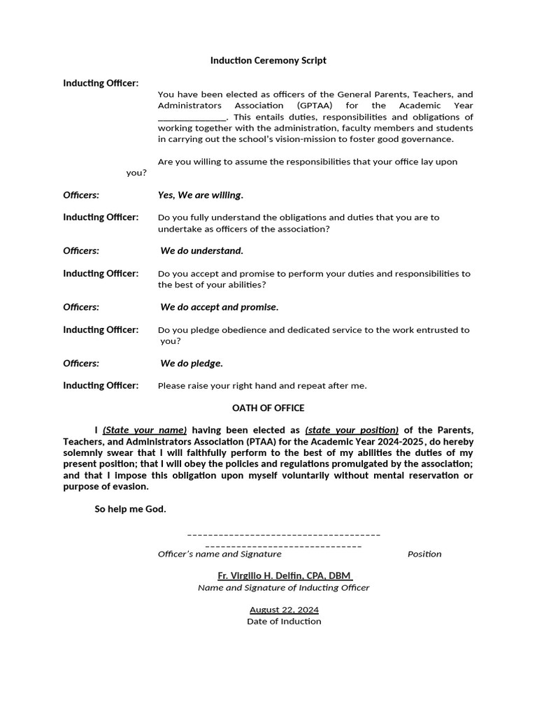 PTAA Induction Ceremony Script | PDF
