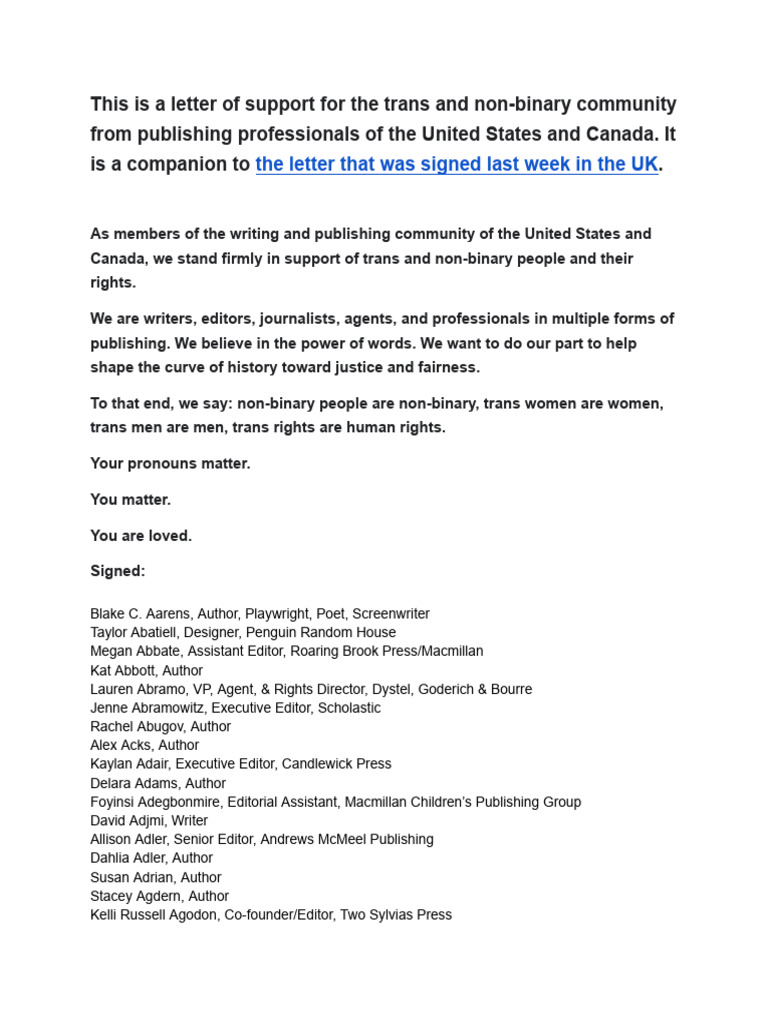Letter in Support of The Trans & Non-Binary Community From US - Canada  Publishing Professionals | PDF