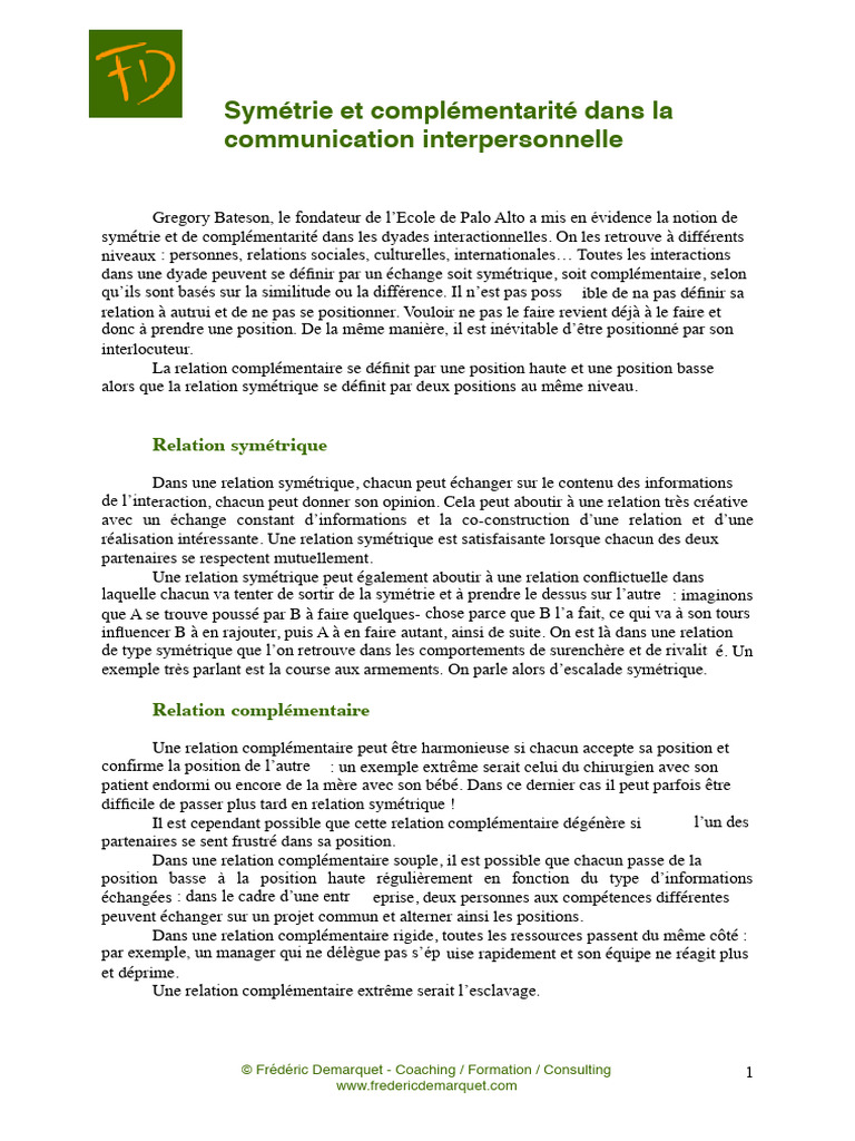 Symétrie Et Complémentarité Dans La Communication Interpersonnelle | PDF