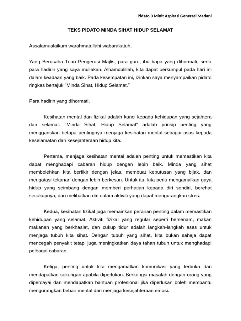 Teks Pidato Minda Sihat Hidup Selamat | PDF