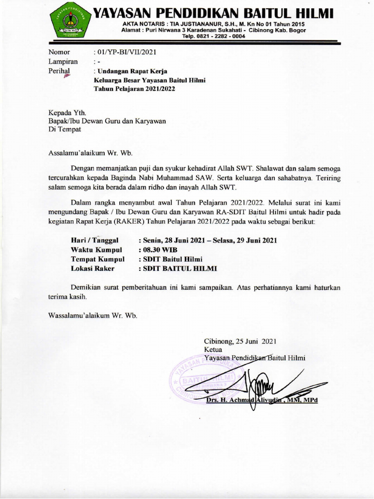 Undangan Raker Tahun Pelajaran 2021 - 2022 | PDF