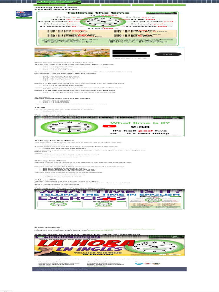 Telling The Time In English Vocabulary Pdf