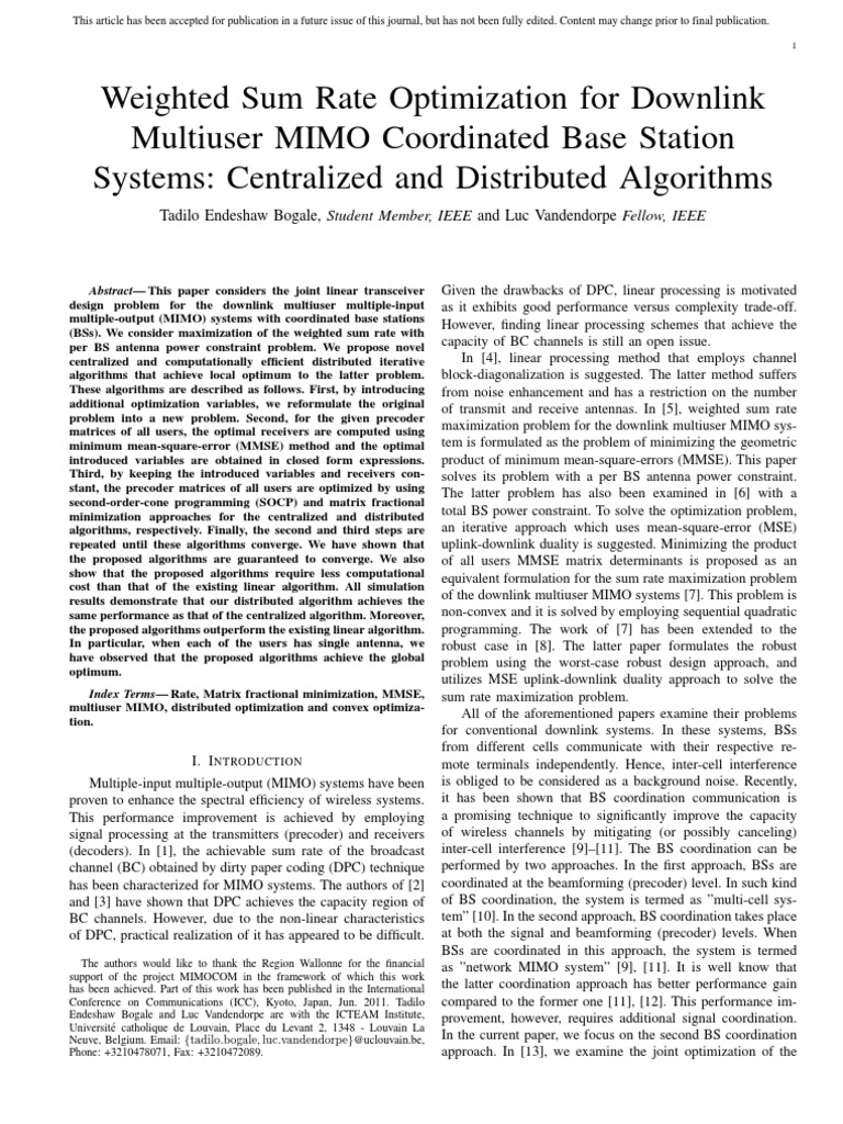 Weighted Sum Rate Optimization For Downlink Multiuser MIMO Coordinated ...