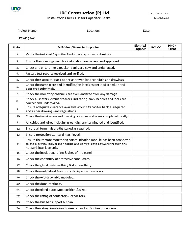 Flr ele cl 008 installation check list for capacitor banks pdf