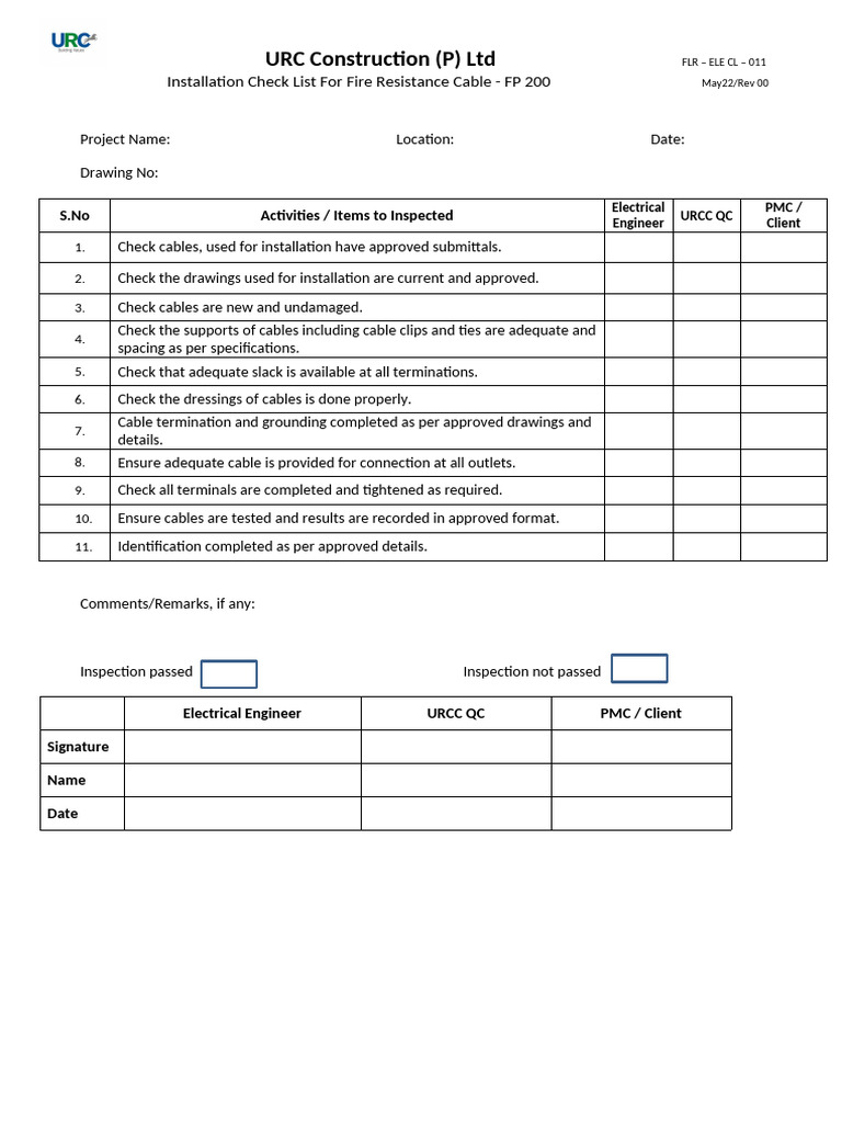 Flr ele cl 011 installation check list for fire resistance cable