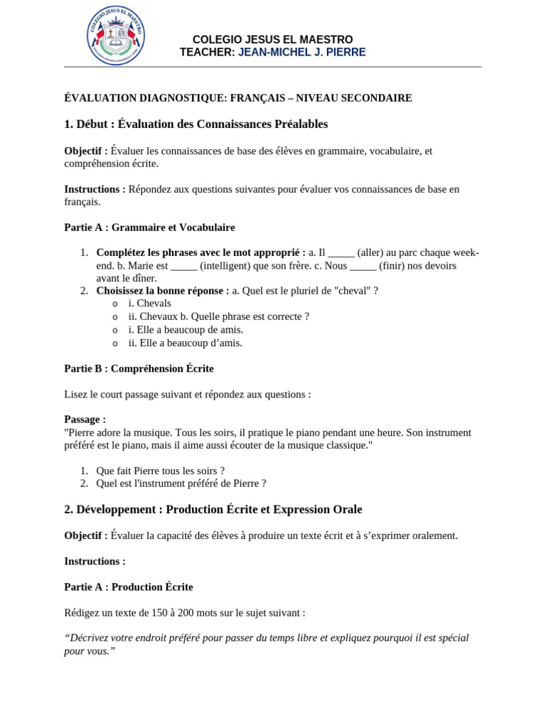 Evaluation francais pdf