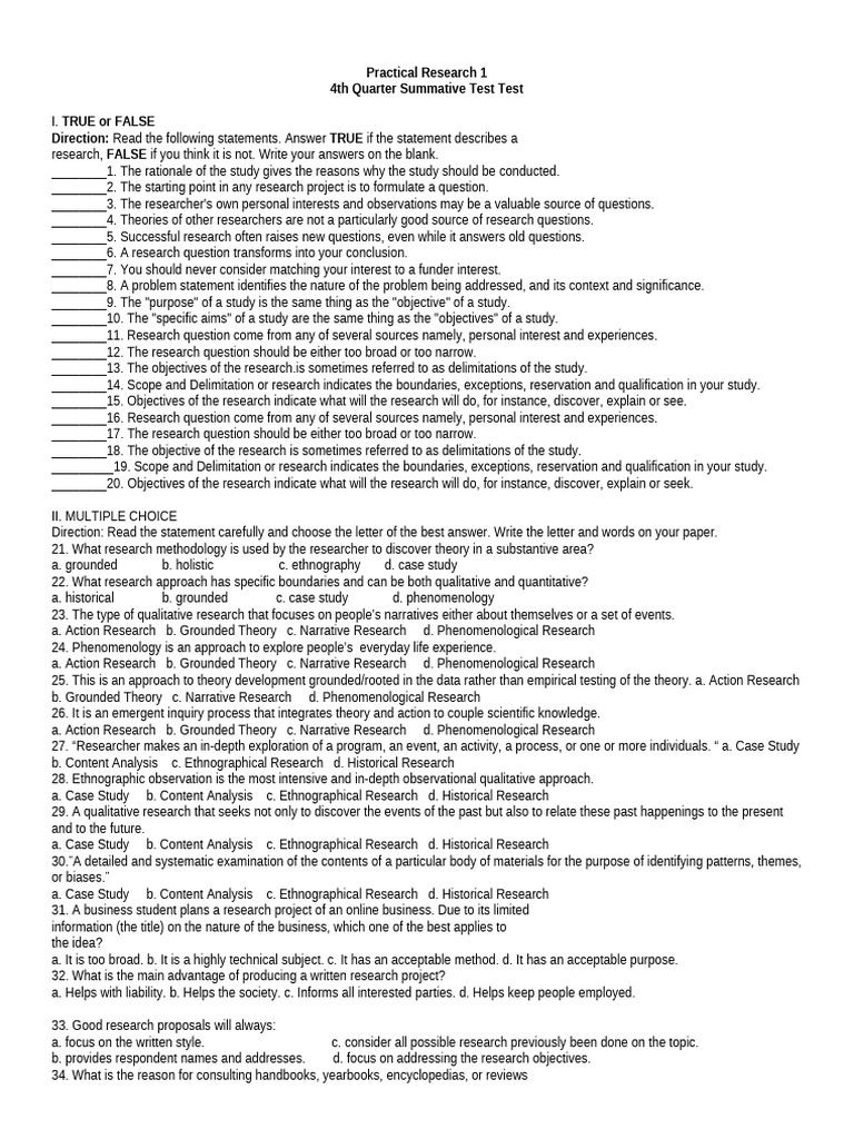 Practical Research 1 Summative Test | PDF | Ethnography | Qualitative ...