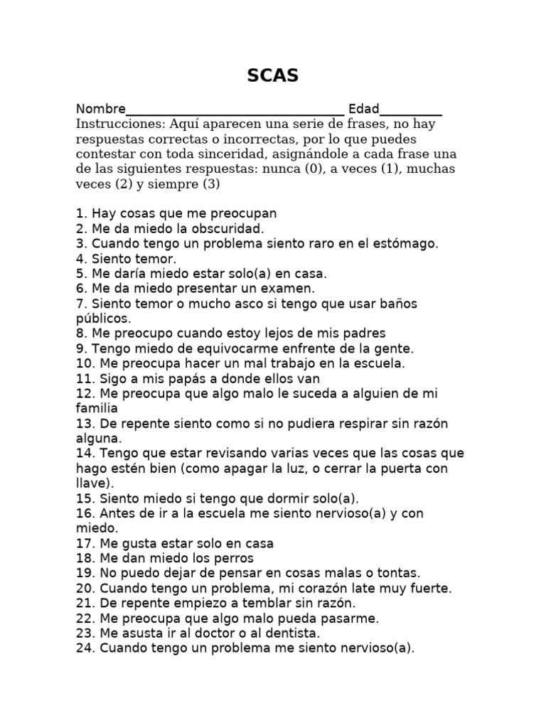SCAS. Prueba de Ansiedad para Niños | PDF