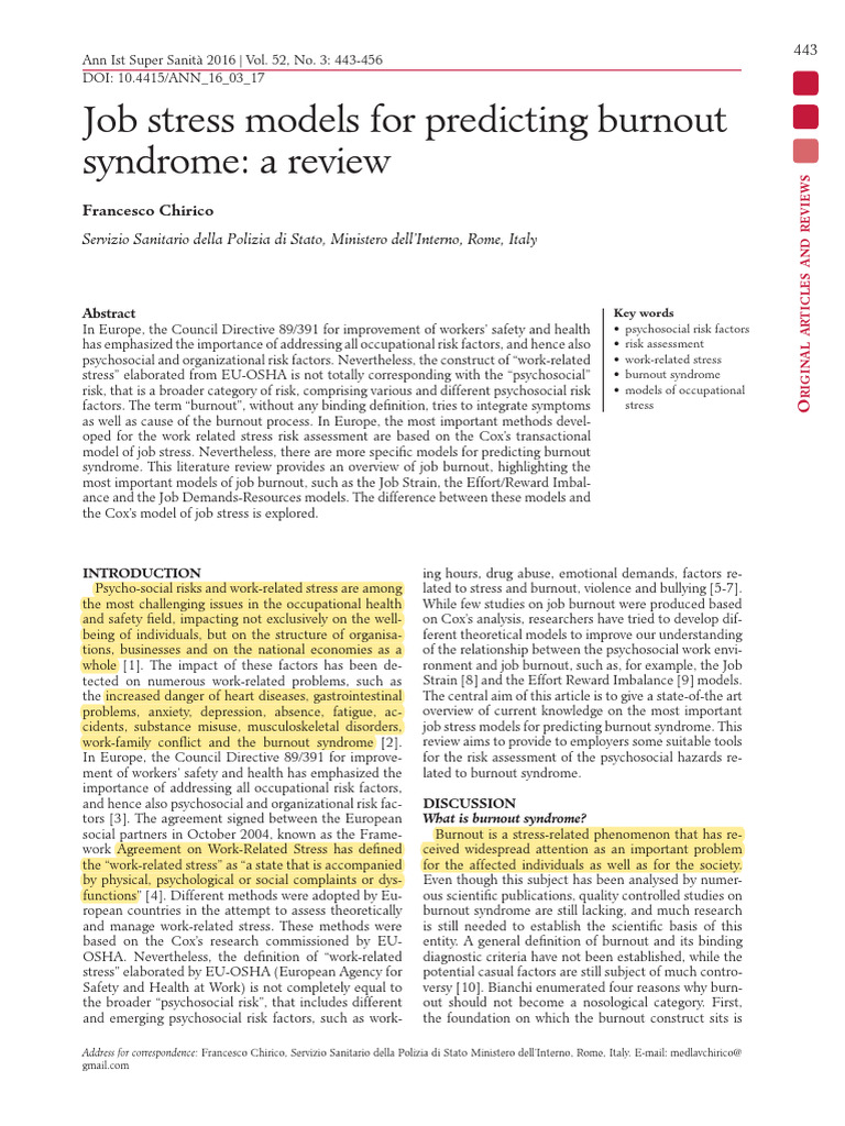 Job Stress Models For Predicting Burnout Syndrome. A Review | PDF